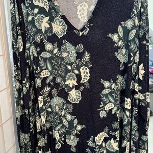 Lane Bryant Dark Green and Cream Floral V-Neck Top